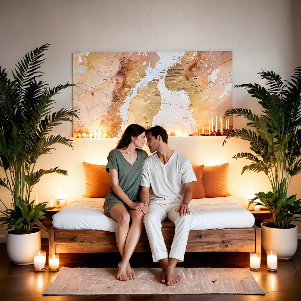 A serene and inviting space symbolizing intimacy, featuring a couple connected through gentle touch, surrounded by soft, warm lighting and natural elements like plants and candles. Incorporate symbols of exploration like a map and journal nestled nearby, conveying the theme of sexual wellness. The backdrop should evoke a sense of calm and openness. painting. soft pastels. warm tones.