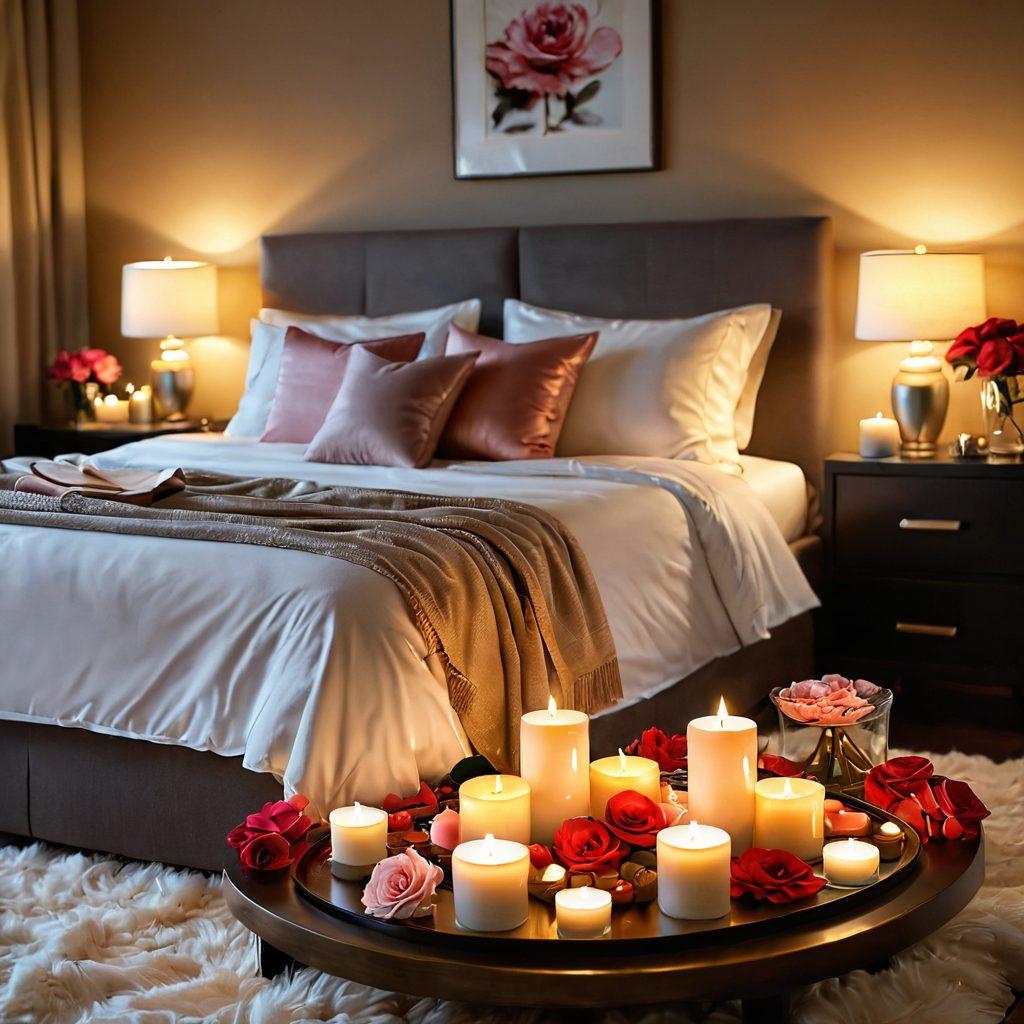 A sensual, inviting vignette showcasing an elegant bedroom with soft, warm lighting. In the foreground, display an array of intimate wellness products elegantly arranged on a plush bed, surrounded by rose petals and flickering candles. A cozy atmosphere that suggests comfort and intimacy, with a subtle hint of desire in the air. Include tasteful decor elements like luxurious textiles and artful accents. super-realistic. warm tones. soft focus.