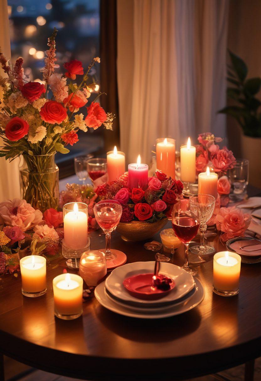 A cozy and vibrant atmosphere with a beautifully arranged table featuring an array of elegant adult toys and romantic gifts, surrounded by soft candles and delicate flowers. The scene exudes warmth and intimacy, inviting viewers to embrace their romantic side. Include playful accents like heart-shaped decorations and a subtle sparkle in the background to enhance the mood. super-realistic. vibrant colors. warm lighting.